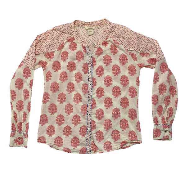 SUNDANCE Rosalie Pink Ivory Block Print Floral Button Down Blouse Size XS - Picture 4 of 10